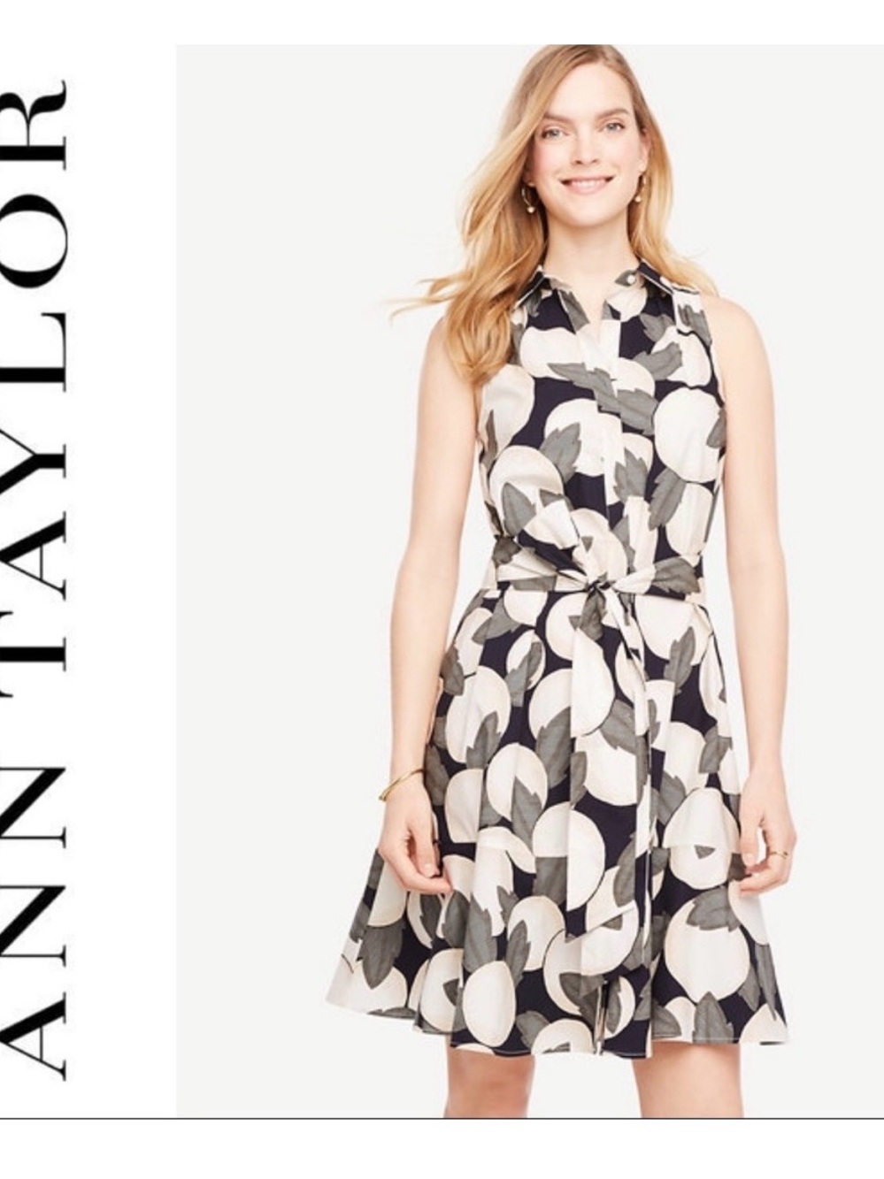 Ann Taylor Black and Cream Sleeveless Tie-Waist Floral Dress